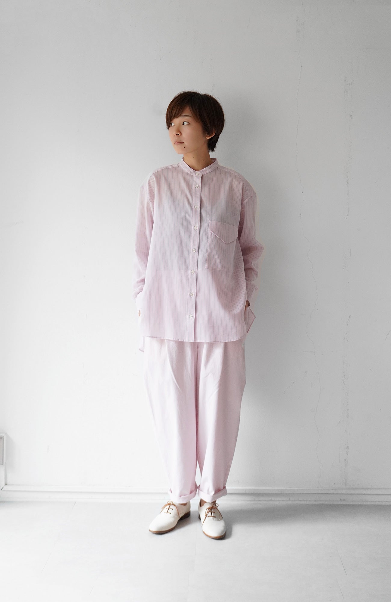 Striped band collar shirt