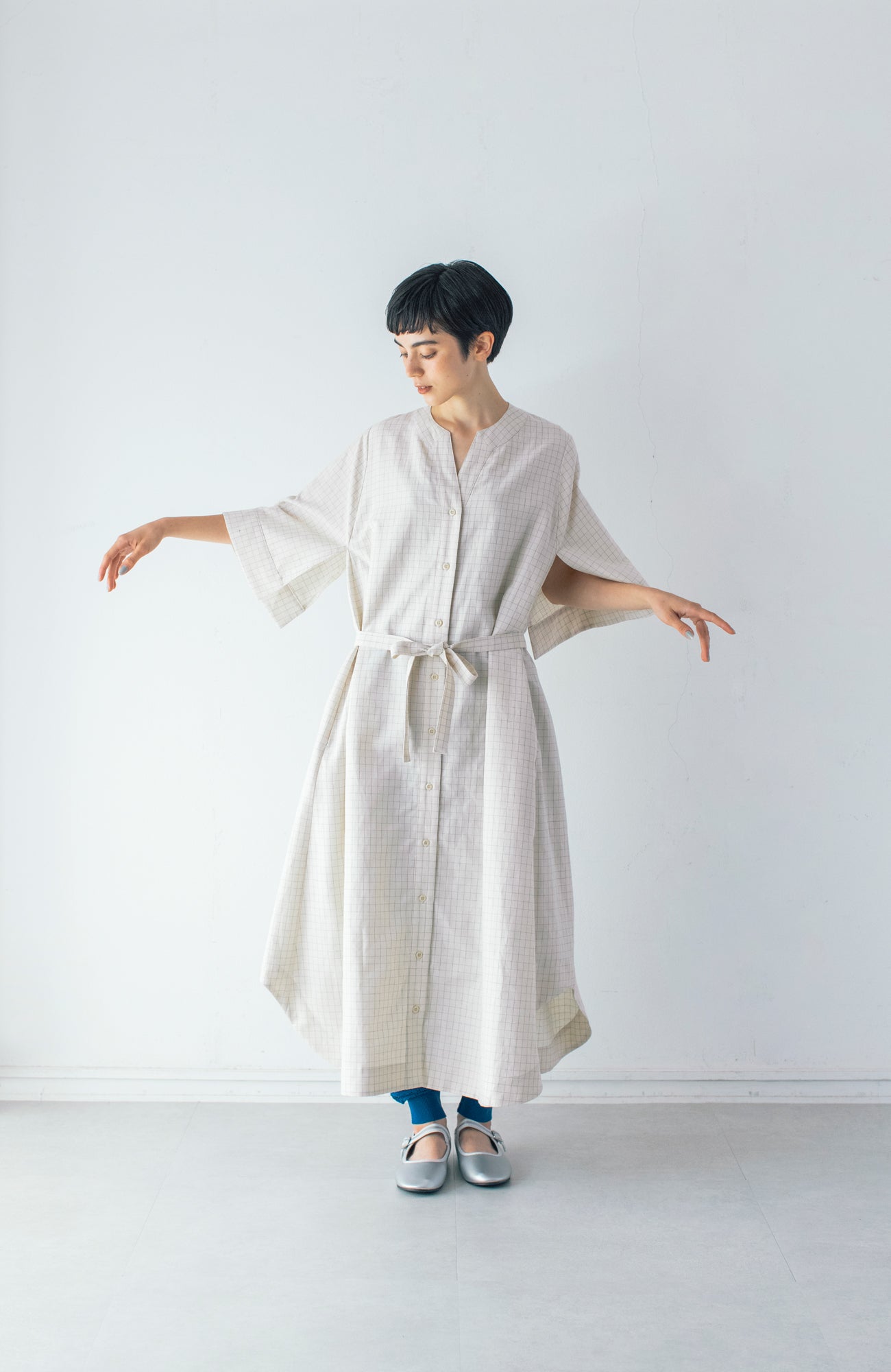 Windowpane Slash Sleeve Dress