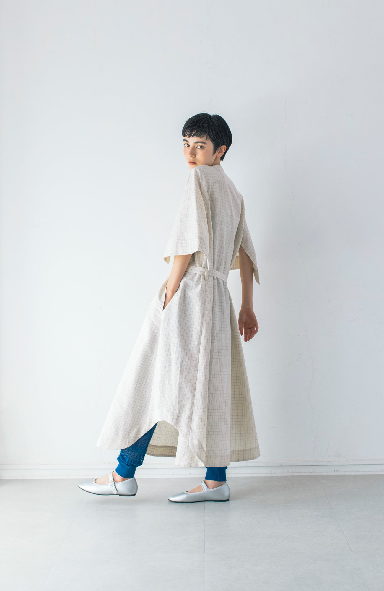Windowpane Slash Sleeve Dress
